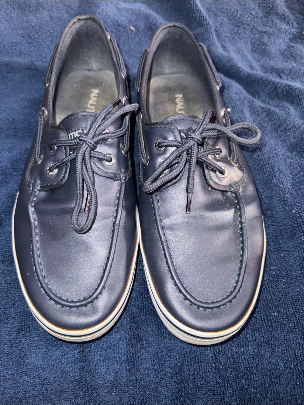 Nautica Men's Navy Leather/Cream-Trim Boat Shoes